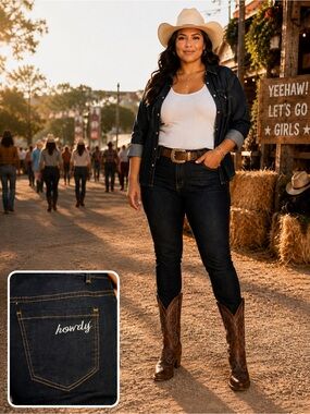 Eloquii Dark Blue Slim Women’s Jeans with “Howdy” Stitching